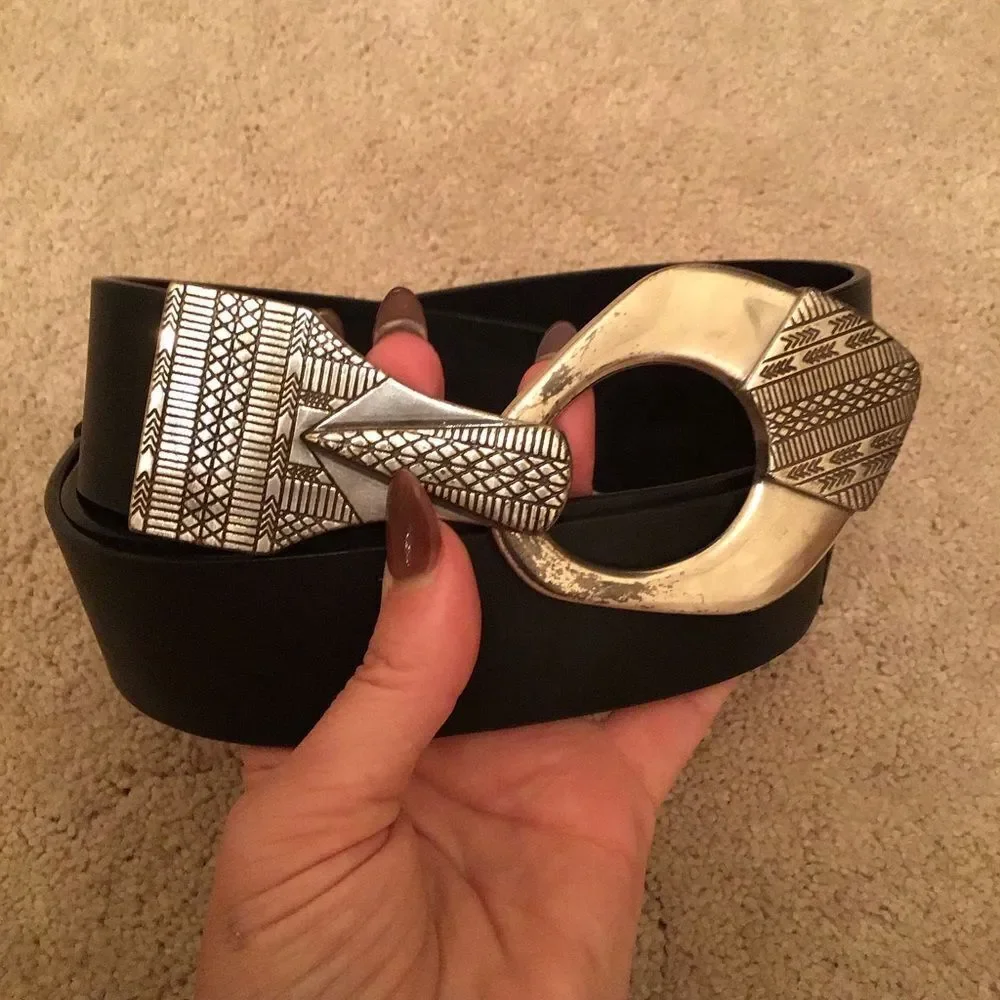 Chico’s Aztec Black Leather Belt with Silver Buckle